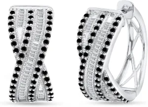 Twisted Sparkly Black Onyx & Cubic Zirconia Huggie Hoop Earrings High Polished Hypoallergenic Earrings - 2.25 carat (ctw) Simulated Diamond Hoop Huggies Women's Earrings Sterling Silver