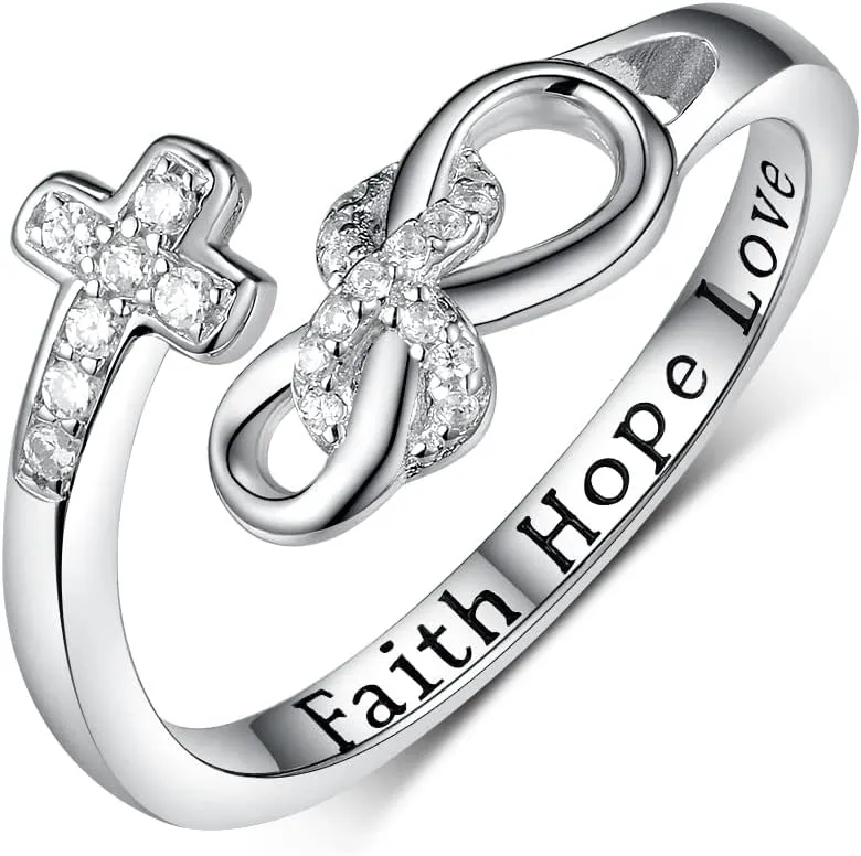 TYSO Faith Hope Love Cross Rings 925 Sterling Silver CZ Infinity Adjustable Wrap Rings Inspirational Jewelry Gifts for Women
