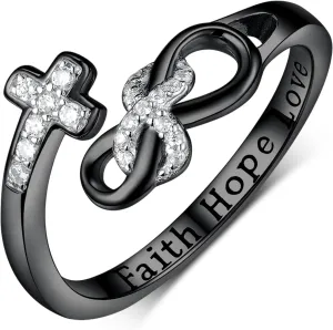 TYSO Faith Hope Love Cross Rings 925 Sterling Silver CZ Infinity Adjustable Wrap Rings Inspirational Jewelry Gifts for Women
