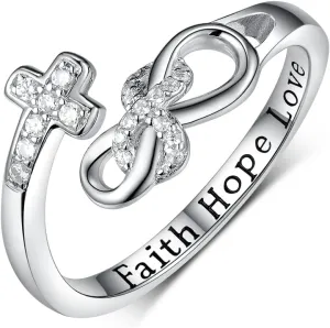 TYSO Faith Hope Love Cross Rings 925 Sterling Silver CZ Infinity Adjustable Wrap Rings Inspirational Jewelry Gifts for Women