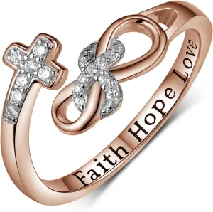 TYSO Faith Hope Love Cross Rings 925 Sterling Silver CZ Infinity Adjustable Wrap Rings Inspirational Jewelry Gifts for Women