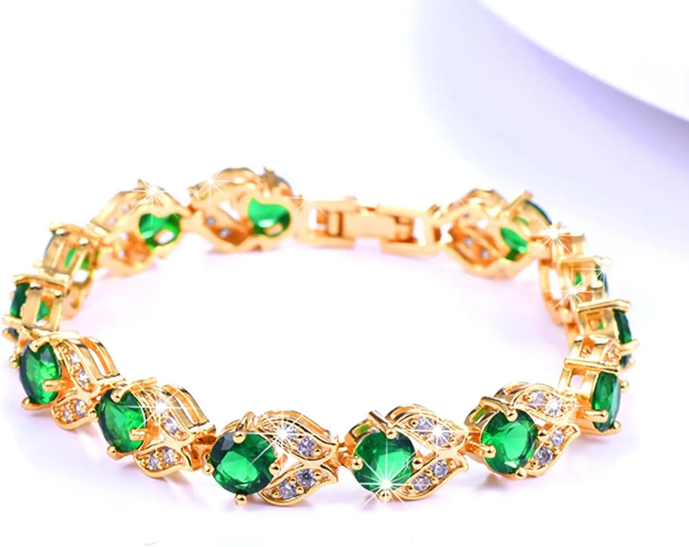 U7 Green Emerald/Blue/Red/Colorful Tennis Bracelets, 18K Gold Plated Platinum Link Chain Diamond Cut Simulated Gem Crystal Bracelet,Resizable Length 6-8 Inches,Wedding Mothers Day Gift for Women