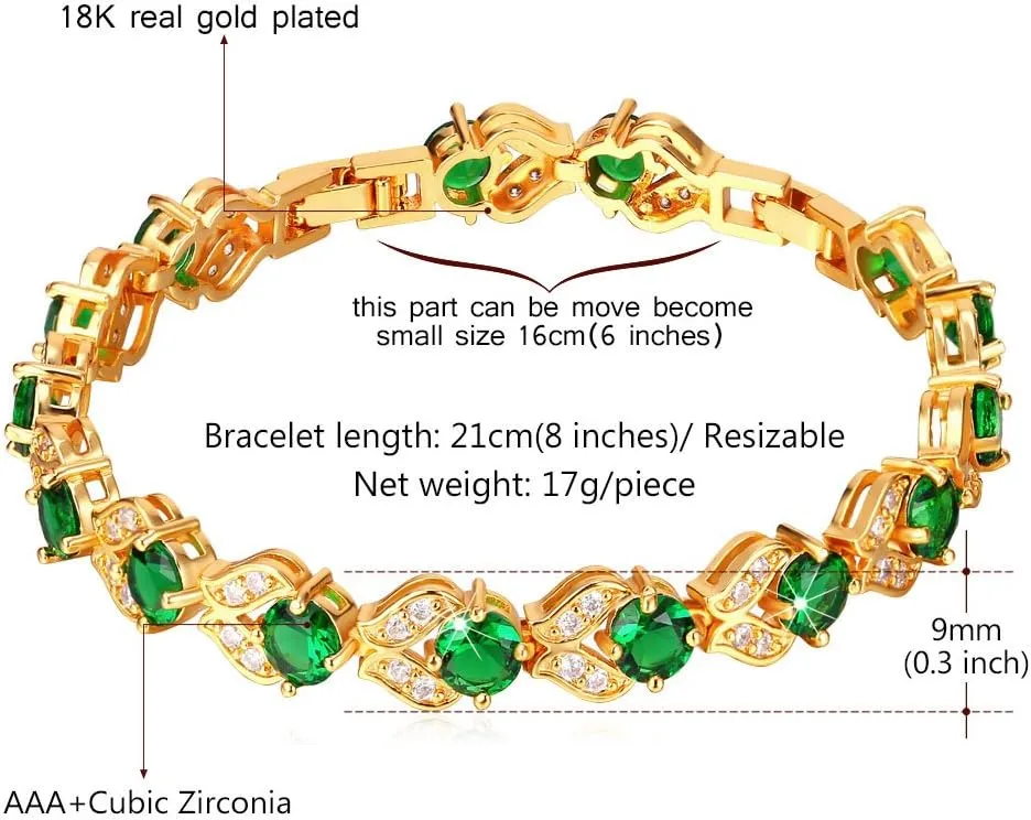 U7 Green Emerald/Blue/Red/Colorful Tennis Bracelets, 18K Gold Plated Platinum Link Chain Diamond Cut Simulated Gem Crystal Bracelet,Resizable Length 6-8 Inches,Wedding Mothers Day Gift for Women