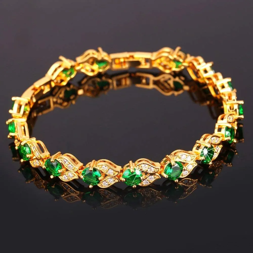 U7 Green Emerald/Blue/Red/Colorful Tennis Bracelets, 18K Gold Plated Platinum Link Chain Diamond Cut Simulated Gem Crystal Bracelet,Resizable Length 6-8 Inches,Wedding Mothers Day Gift for Women