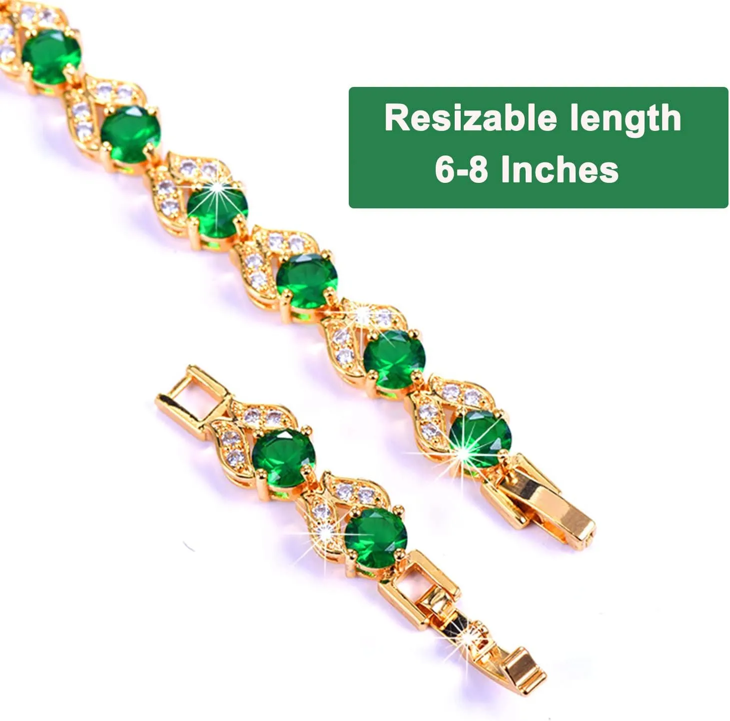 U7 Green Emerald/Blue/Red/Colorful Tennis Bracelets, 18K Gold Plated Platinum Link Chain Diamond Cut Simulated Gem Crystal Bracelet,Resizable Length 6-8 Inches,Wedding Mothers Day Gift for Women