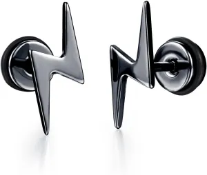 Unisex Screw Flat Back Lightning Bolt Stud Earring in High Polished Surgical Steel - Plated in 14K Yellow Gold or 925 Sterling Silver