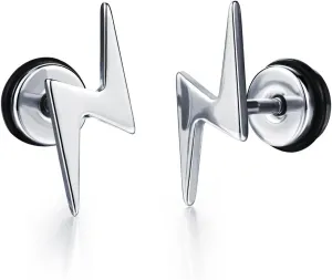 Unisex Screw Flat Back Lightning Bolt Stud Earring in High Polished Surgical Steel - Plated in 14K Yellow Gold or 925 Sterling Silver