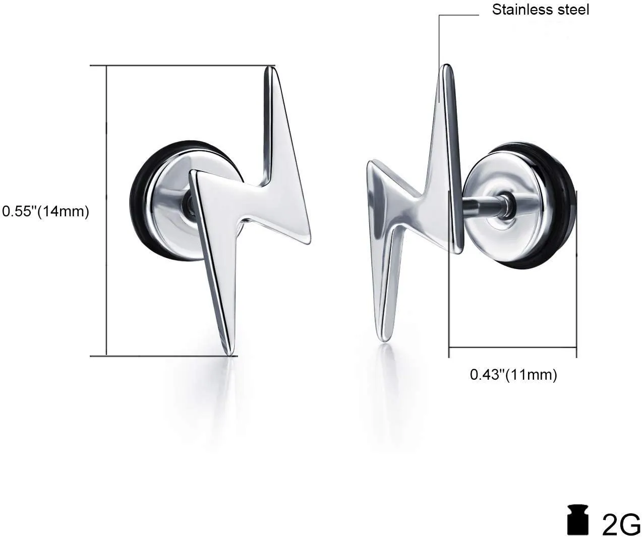 Unisex Screw Flat Back Lightning Bolt Stud Earring in High Polished Surgical Steel - Plated in 14K Yellow Gold or 925 Sterling Silver