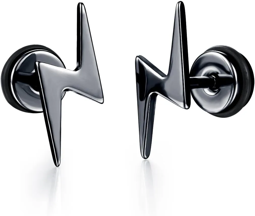 Unisex Screw Flat Back Lightning Bolt Stud Earring in High Polished Surgical Steel - Plated in 14K Yellow Gold or 925 Sterling Silver