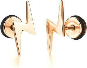Unisex Screw Flat Back Lightning Bolt Stud Earring in High Polished Surgical Steel - Plated in 14K Yellow Gold or 925 Sterling Silver