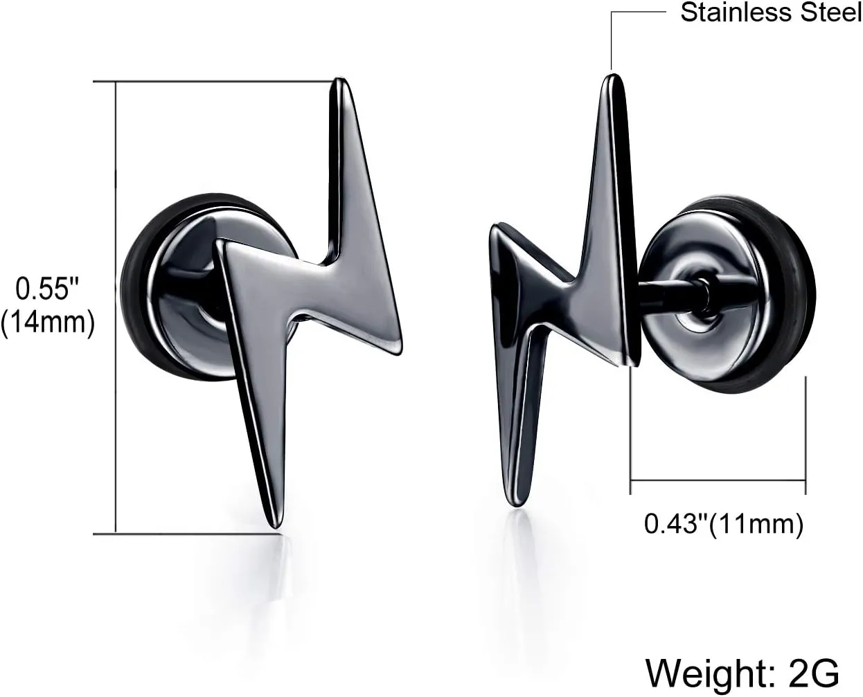 Unisex Screw Flat Back Lightning Bolt Stud Earring in High Polished Surgical Steel - Plated in 14K Yellow Gold or 925 Sterling Silver