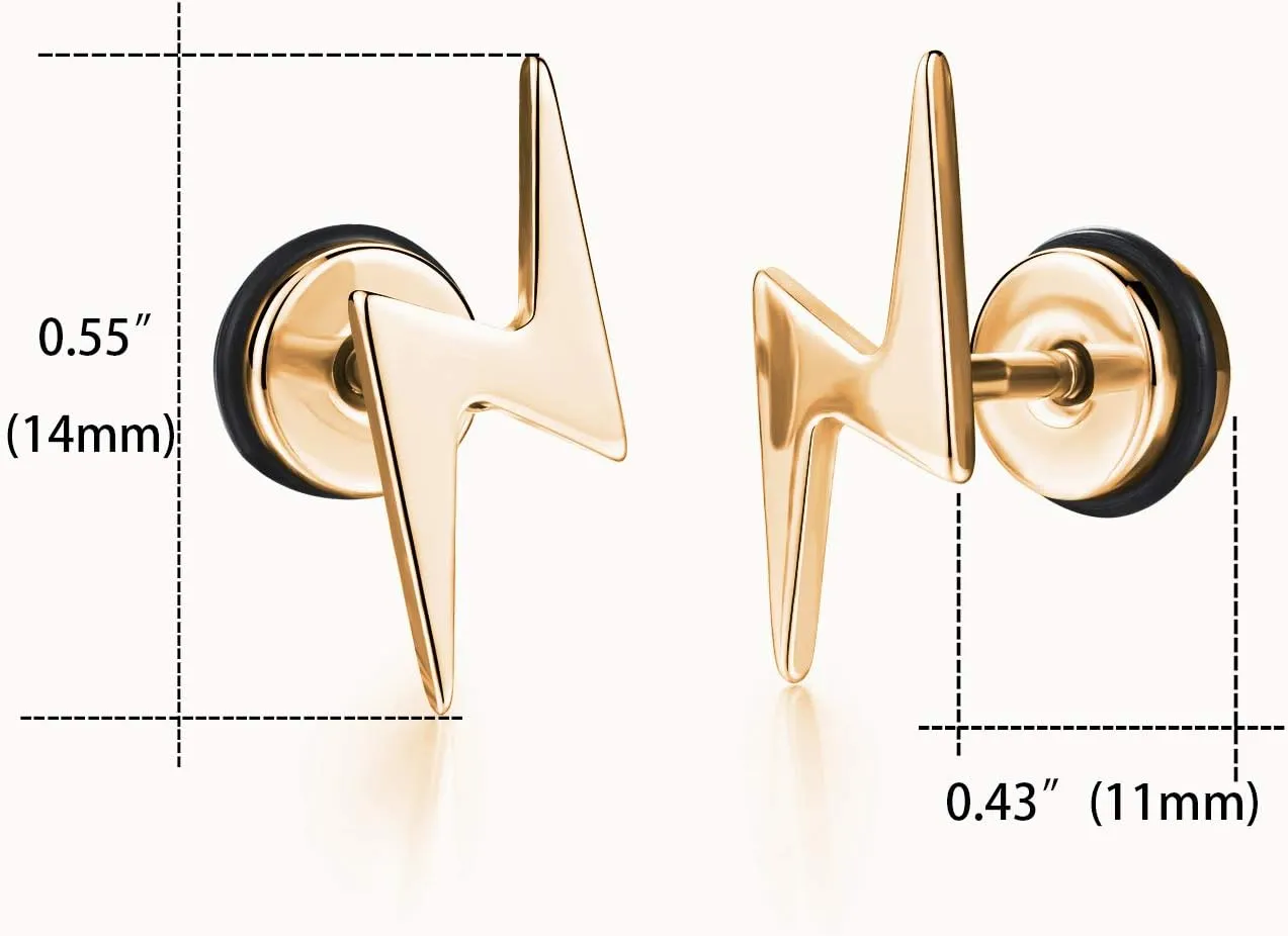 Unisex Screw Flat Back Lightning Bolt Stud Earring in High Polished Surgical Steel - Plated in 14K Yellow Gold or 925 Sterling Silver
