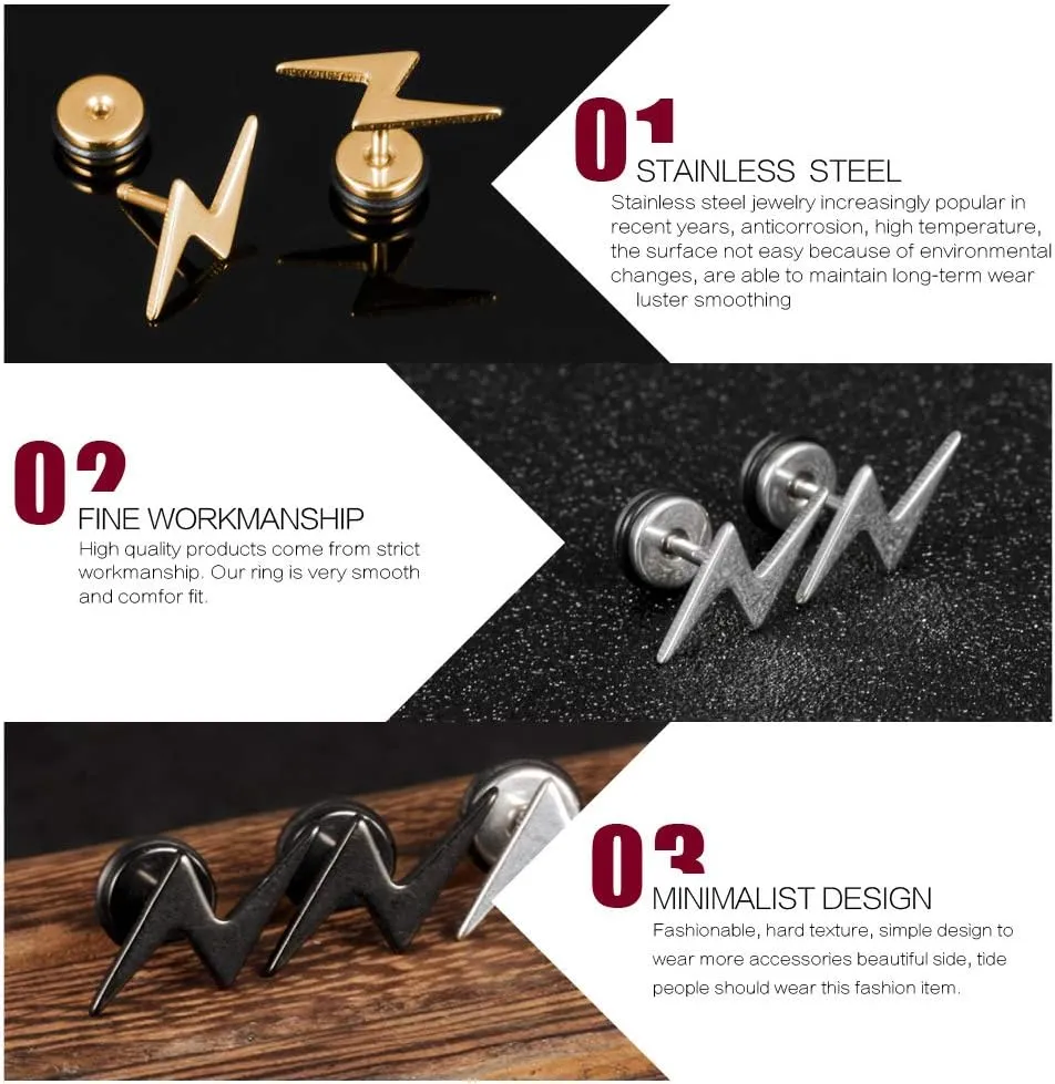 Unisex Screw Flat Back Lightning Bolt Stud Earring in High Polished Surgical Steel - Plated in 14K Yellow Gold or 925 Sterling Silver