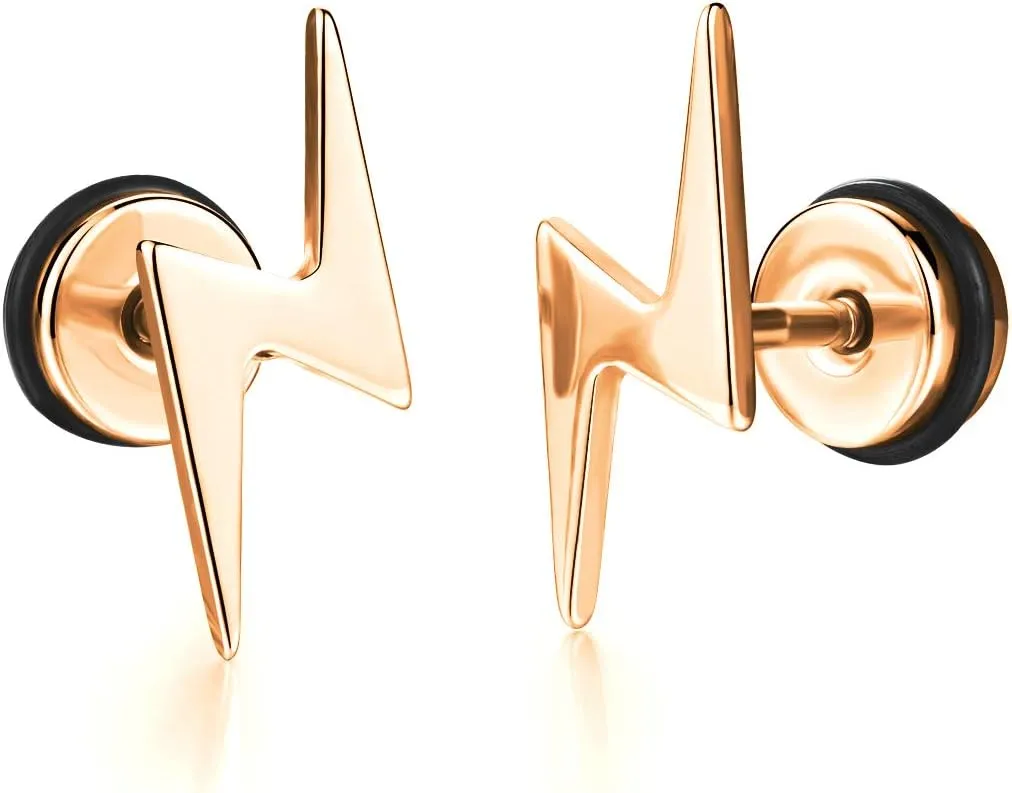 Unisex Screw Flat Back Lightning Bolt Stud Earring in High Polished Surgical Steel - Plated in 14K Yellow Gold or 925 Sterling Silver