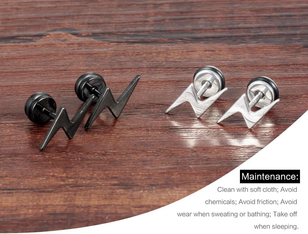 Unisex Screw Flat Back Lightning Bolt Stud Earring in High Polished Surgical Steel - Plated in 14K Yellow Gold or 925 Sterling Silver