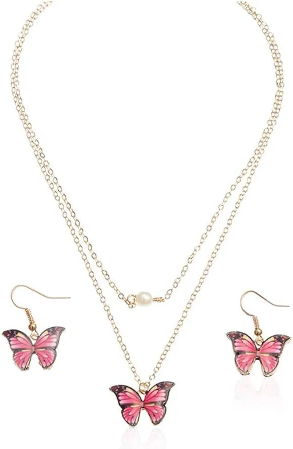 Urieo Butterfly Choker Necklace Pearl Gold Pendant Necklaces Layered Necklace and Earring Set for Women