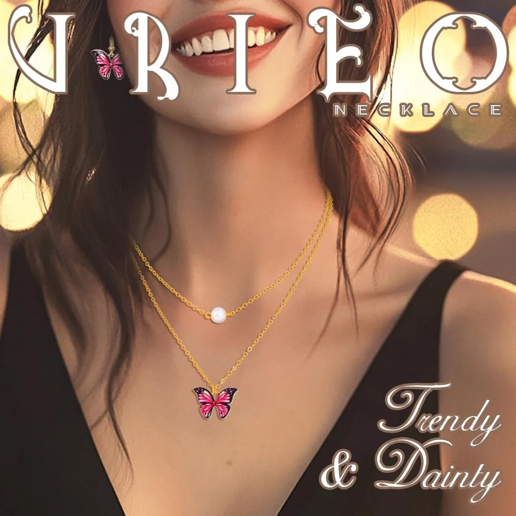 Urieo Butterfly Choker Necklace Pearl Gold Pendant Necklaces Layered Necklace and Earring Set for Women