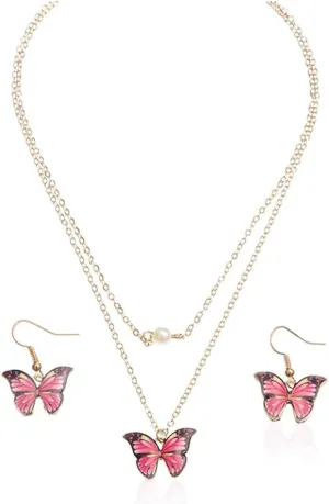 Urieo Butterfly Choker Necklace Pearl Gold Pendant Necklaces Layered Necklace and Earring Set for Women