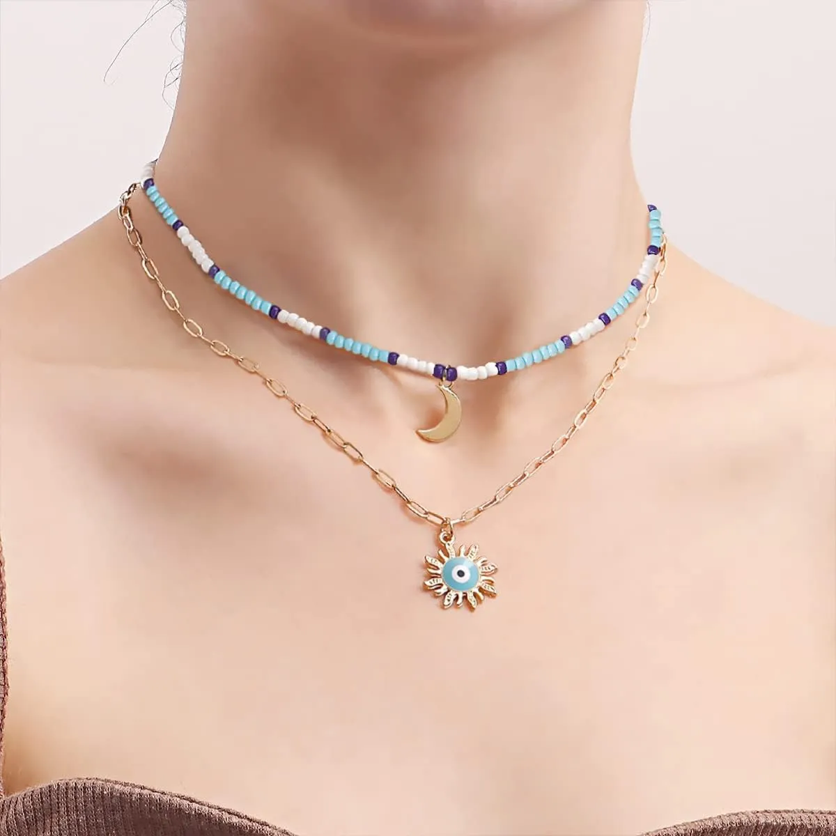 VIBILIA Evil Eye Necklace Sun Pendant Turkish Blue Eye Protection Lucky Necklaces Jewelry Gifts for Men Women (Sun) - Silver