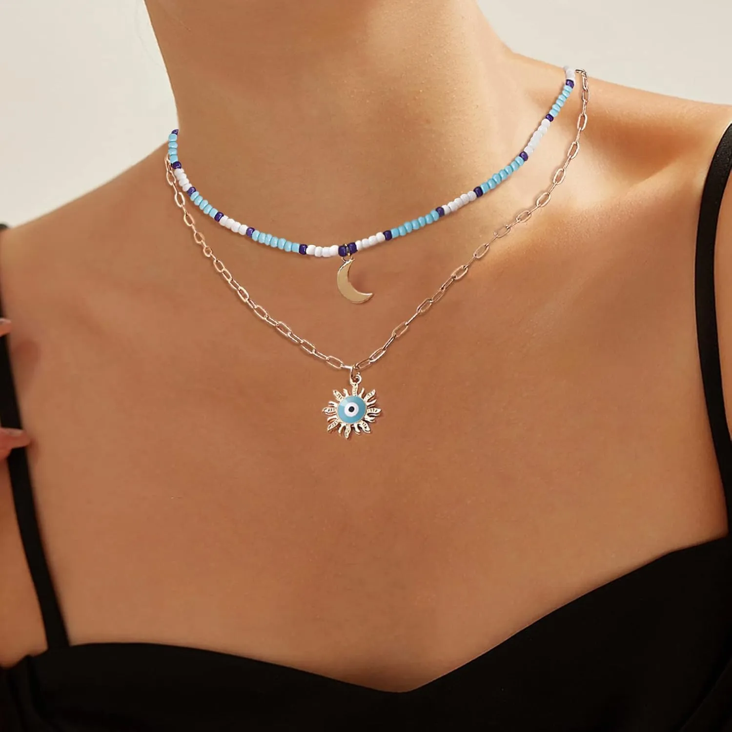 VIBILIA Evil Eye Necklace Sun Pendant Turkish Blue Eye Protection Lucky Necklaces Jewelry Gifts for Men Women (Sun) - Silver