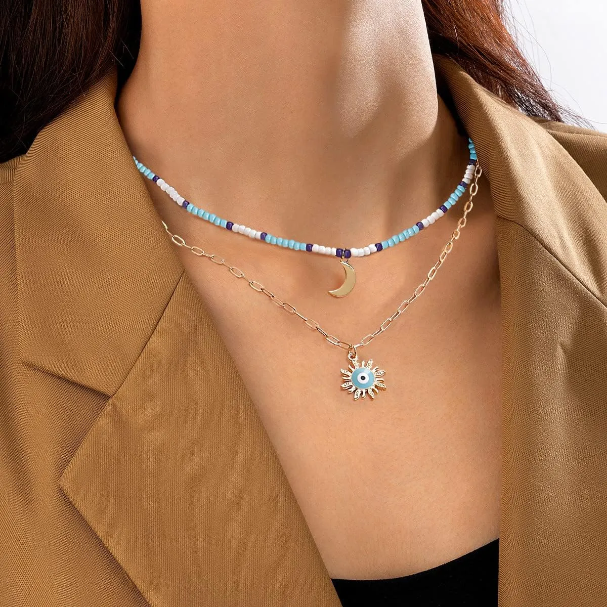 VIBILIA Evil Eye Necklace Sun Pendant Turkish Blue Eye Protection Lucky Necklaces Jewelry Gifts for Men Women (Sun) - Silver