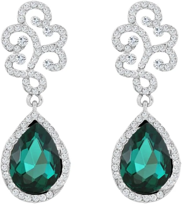 Vintage Rhinestone Teardrop Green CZ Dangle Drop Earrings for Women Dainty Emerald Crystal Statement Dangling Filigree Studs Boho Earring Lightweight Fashion Trendy Jewelry