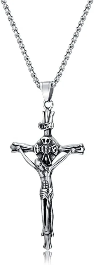 Vintage Stainless Steel Cross Catholic Jesus Crucifix Pendant Men's Necklace