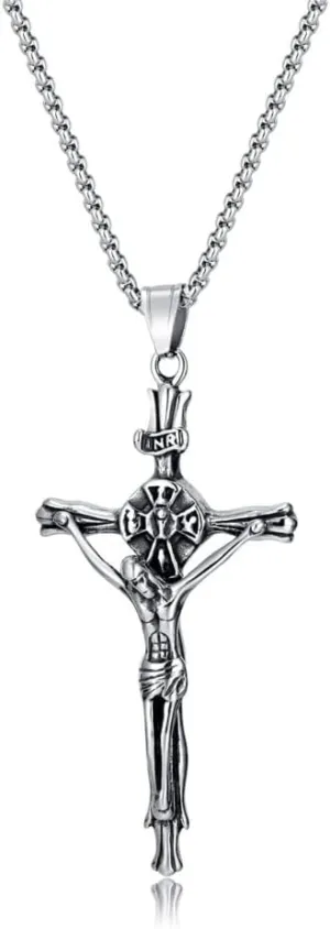 Vintage Stainless Steel Cross Catholic Jesus Crucifix Pendant Men's Necklace
