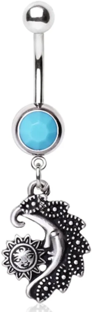 Vintage Turquoise Elegant Sun and Moon Navel Ring 14g 3/8" Length
