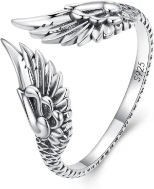 Vintage Wing Open Statement Ring 925 Sterling Silver Antique Feather Wrap Finger Band Eternity Stacking Rings Promise Engagement Rings for Women