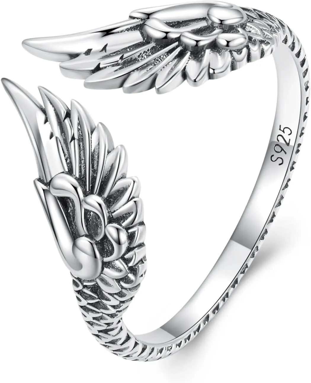 Vintage Wing Open Statement Ring 925 Sterling Silver Antique Feather Wrap Finger Band Eternity Stacking Rings Promise Engagement Rings for Women
