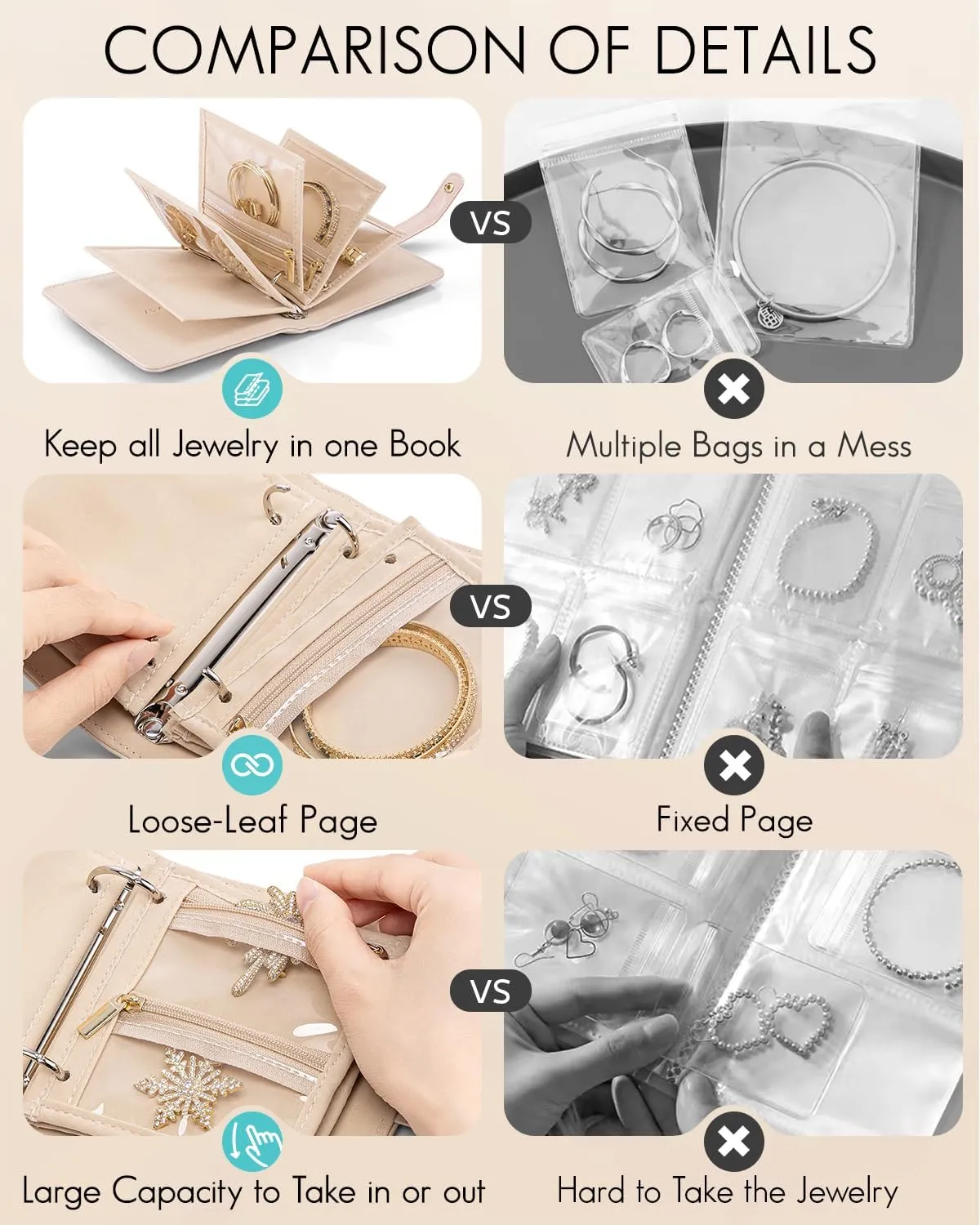 Vlando Travel Jewelry Organizer Case,Gifts for Women,Portable Jewelry Storage Book Ring Binder with Clear Zipper Velvet Pouch Bag for Traveling,Rings,Necklace,Earrings,Bracelets,Brooches-Sand Pink