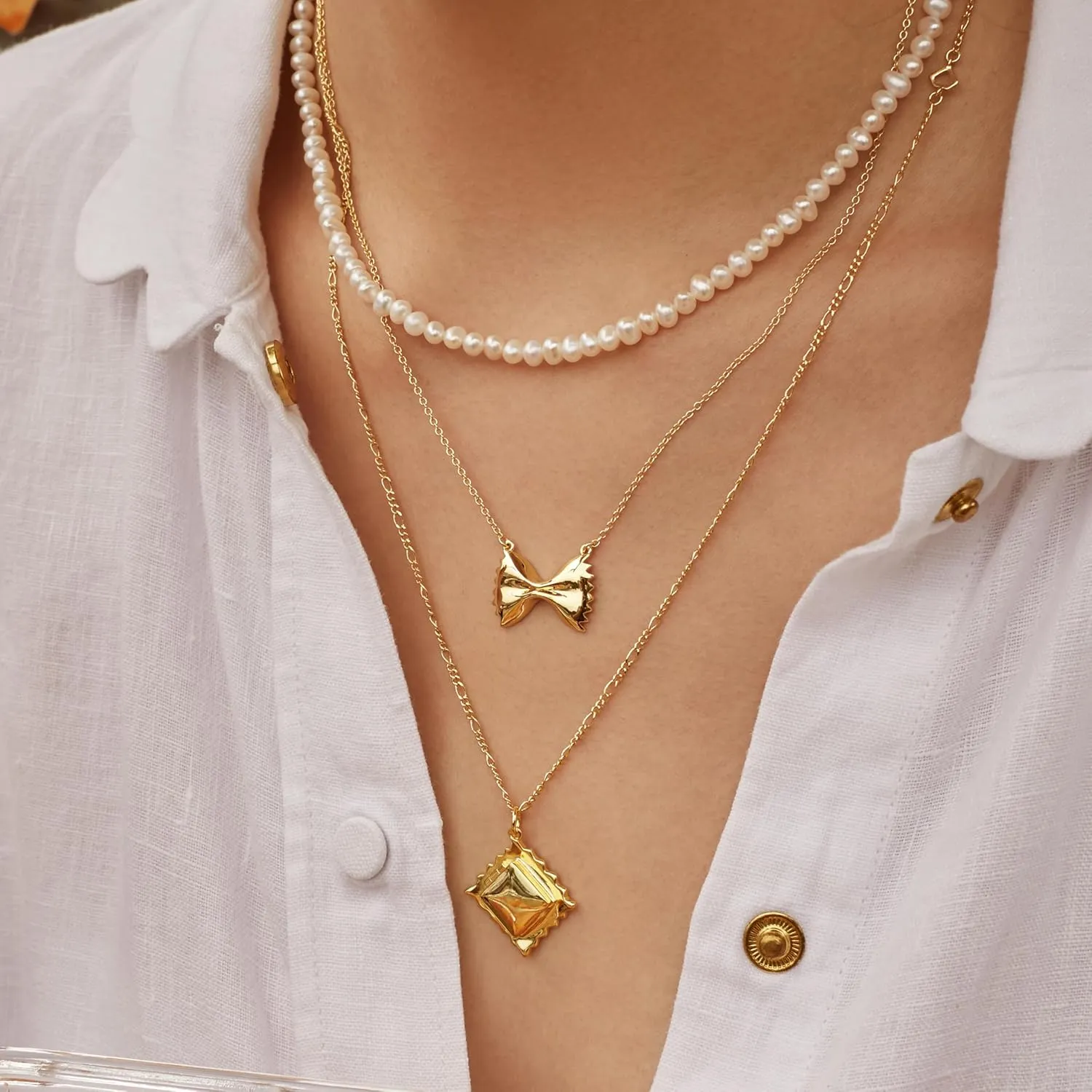 Wanderlust   Co Bow Tie Pasta Necklace 14K Gold/Rhodium Plated Jewelry Hypoallergenic Shower-safe