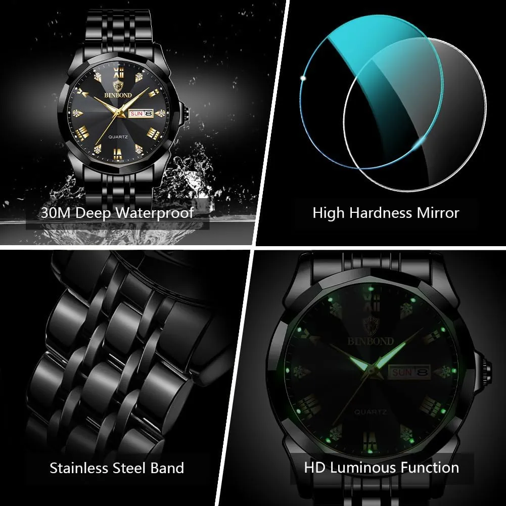 Watches for Men Luxury Diamond Business Dress Analog Quartz Stainless Steel Waterproof Luminous Date Two Tone Casual Wrist Watch