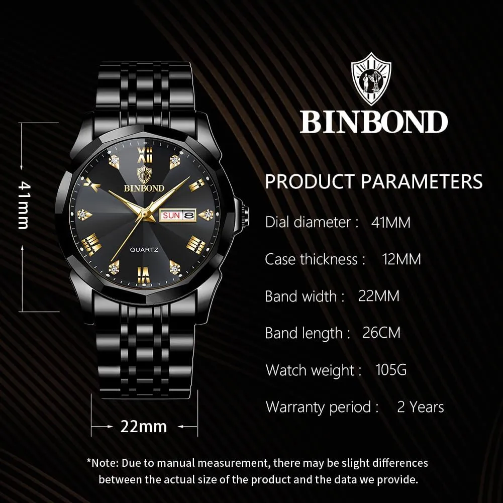 Watches for Men Luxury Diamond Business Dress Analog Quartz Stainless Steel Waterproof Luminous Date Two Tone Casual Wrist Watch