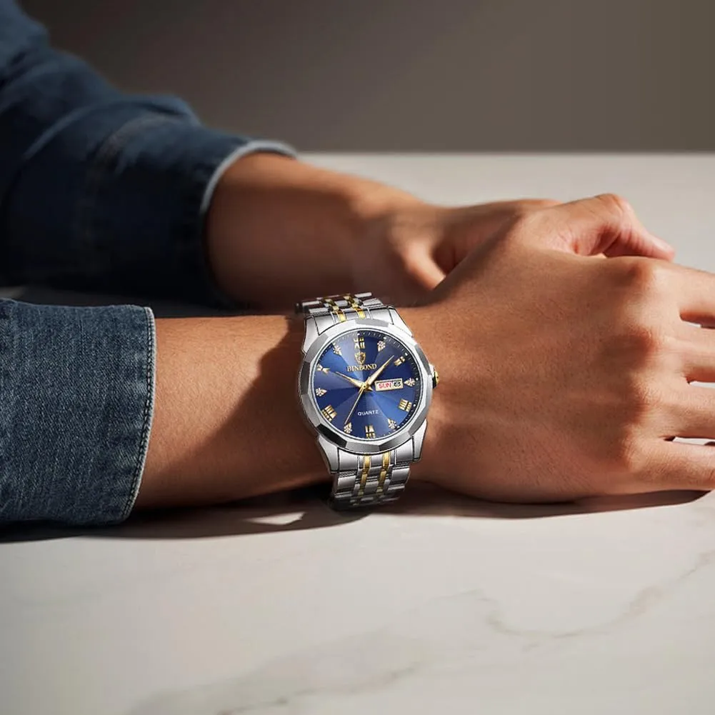 Watches for Men Luxury Diamond Business Dress Analog Quartz Stainless Steel Waterproof Luminous Date Two Tone Casual Wrist Watch