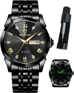 Watches for Men Luxury Diamond Business Dress Analog Quartz Stainless Steel Waterproof Luminous Date Two Tone Casual Wrist Watch