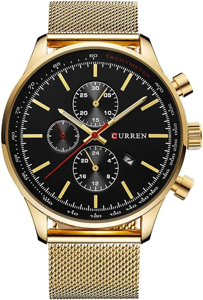 Watches Mens Luxury Stainless Steel Quartz Watch Men Casual Waterproof Clock Date Sport Wristwatch (Gold Black)