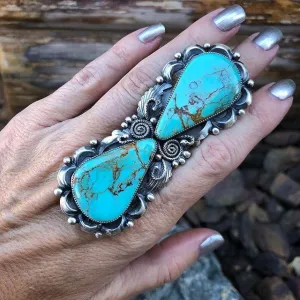 Western Jewelry Natural Turquoise Flower Rings for Women s Boho Turquoise Silver Rings Jewelry Vintage Gemstone Stone Joint Knuckle Bohemian Ethnic Exaggerated Jewelry 8
