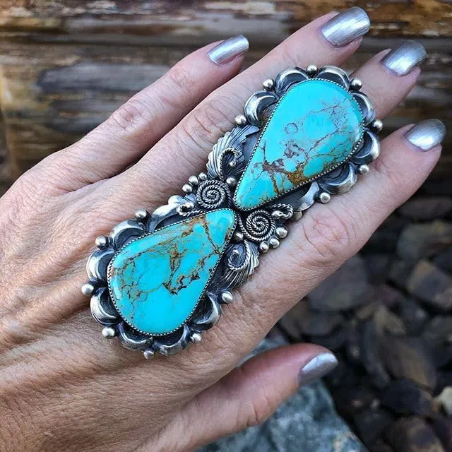 Western Jewelry Natural Turquoise Flower Rings for Women s Boho Turquoise Silver Rings Jewelry Vintage Gemstone Stone Joint Knuckle Bohemian Ethnic Exaggerated Jewelry 8