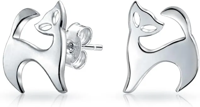 Whimsical Cute Animal Pet Sitting Laying Siamese Kitten Curious Cat Dangle or Stud Earrings For Women Teen Polished Shinny .925 Sterling Silver