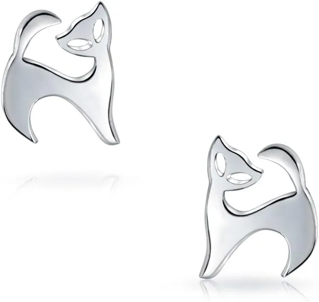 Whimsical Cute Animal Pet Sitting Laying Siamese Kitten Curious Cat Dangle or Stud Earrings For Women Teen Polished Shinny .925 Sterling Silver