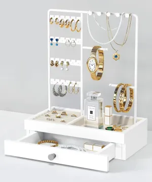 White Jewelry Organizer Stand Stud Earring Holder, Necklace Display Stand with Drawer, Jewelry Tower Tree for Bracelets Rings, Birthday Valentines Day Gifts for Her Teen Girls Women Wife