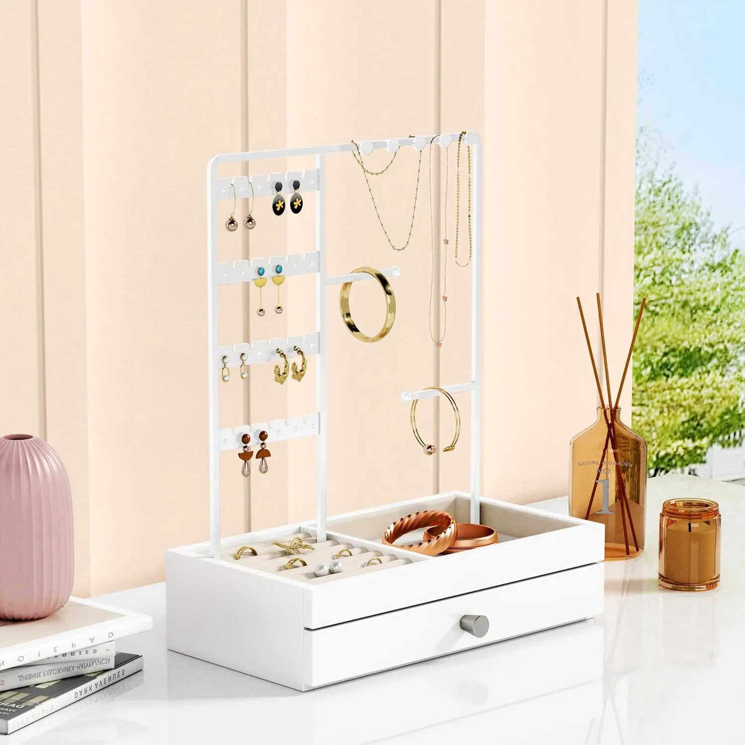 White Jewelry Organizer Stand Stud Earring Holder, Necklace Display Stand with Drawer, Jewelry Tower Tree for Bracelets Rings, Birthday Valentines Day Gifts for Her Teen Girls Women Wife