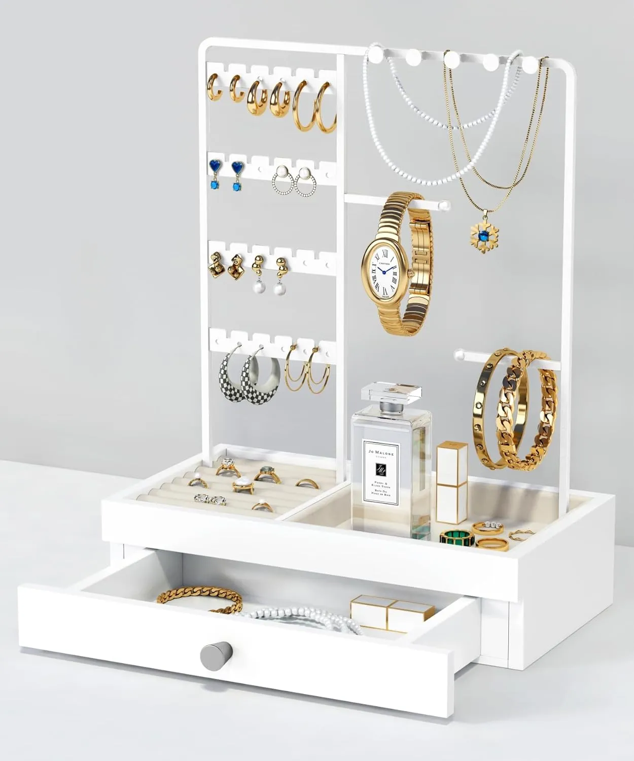 White Jewelry Organizer Stand Stud Earring Holder, Necklace Display Stand with Drawer, Jewelry Tower Tree for Bracelets Rings, Birthday Valentines Day Gifts for Her Teen Girls Women Wife