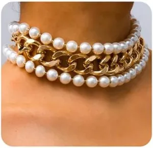 Wiwpar 3 Tier Boho Punk Layered Necklace Pearls Choker Necklaces Minimalist Necklace Chunky Chain Costume Jewelry for Women