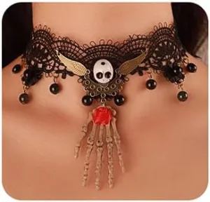 Wiwpar Halloween Costume Sexy Jewelry Goth Black Lace Choker Necklaces Vintage Crystal Skeleton Claw Pendant Necklace Punk Chain Accessories for Women (Style2)
