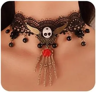 Wiwpar Halloween Costume Sexy Jewelry Goth Black Lace Choker Necklaces Vintage Crystal Skeleton Claw Pendant Necklace Punk Chain Accessories for Women (Style2)