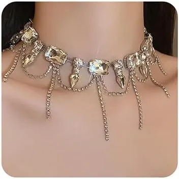 Wiwpar Silver Crystal Rhinestone Bridal Wedding Party for Women Boho Full Rhinestones Necklaces Tassel Layered Pendant Statement Chunky Chain Necklace for Women