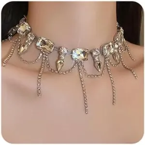 Wiwpar Silver Crystal Rhinestone Bridal Wedding Party for Women Boho Full Rhinestones Necklaces Tassel Layered Pendant Statement Chunky Chain Necklace for Women